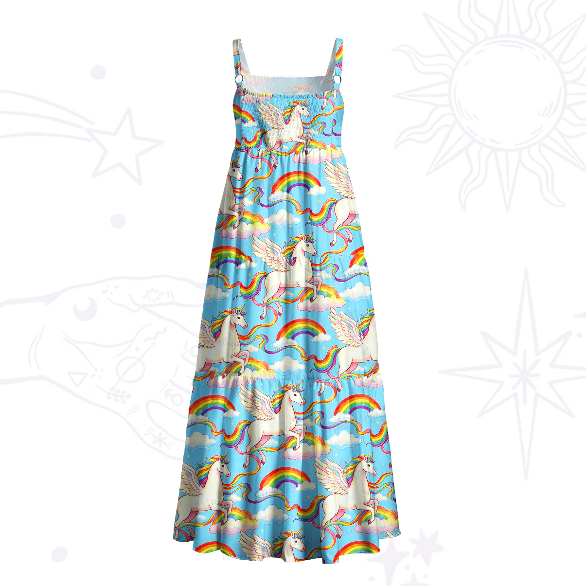 Purplehecate Fantasy Unicorn Cloud Print Wide Straps Maxi Dress