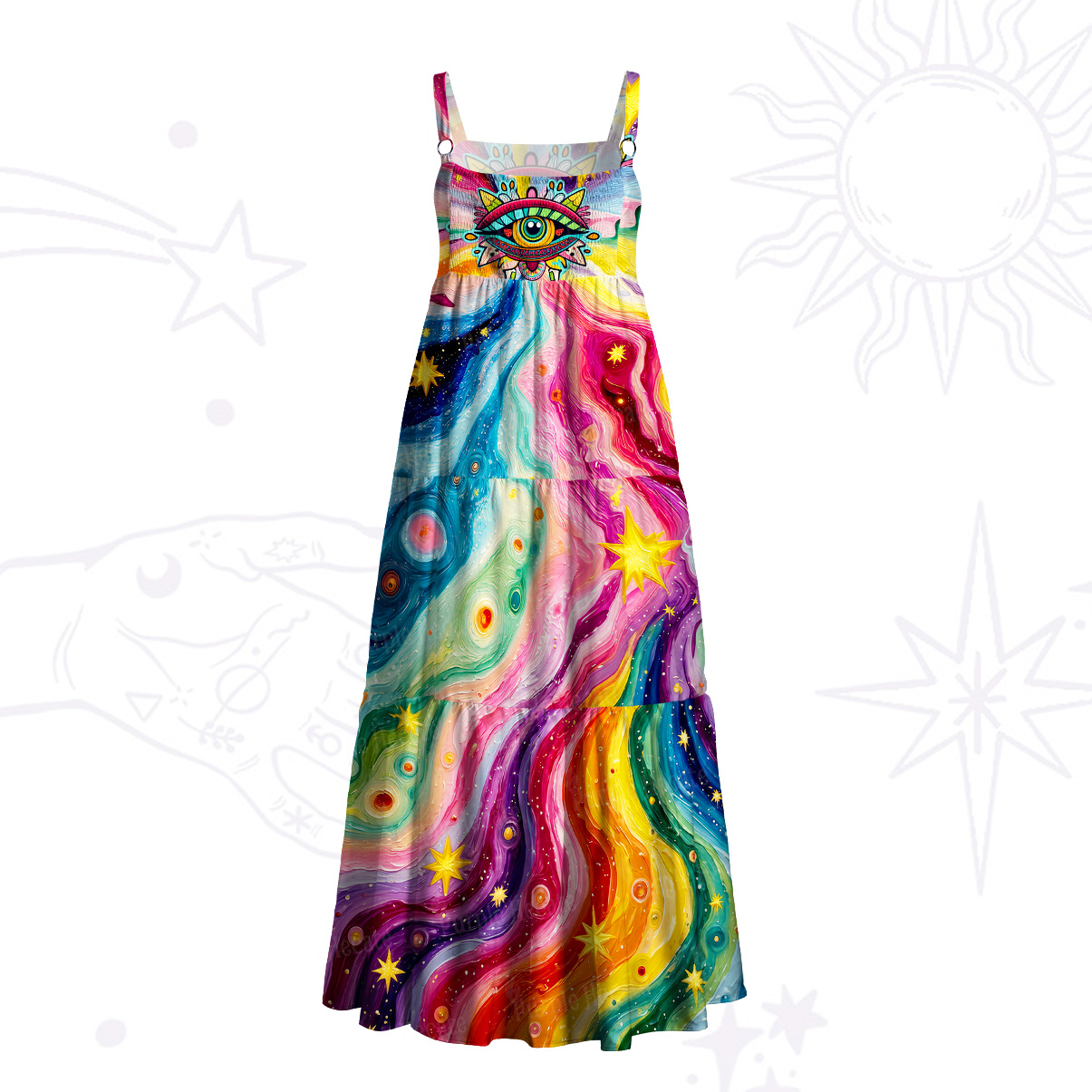 Purplehecate Rainbow Cosmic Waves Wide Straps Maxi Dress