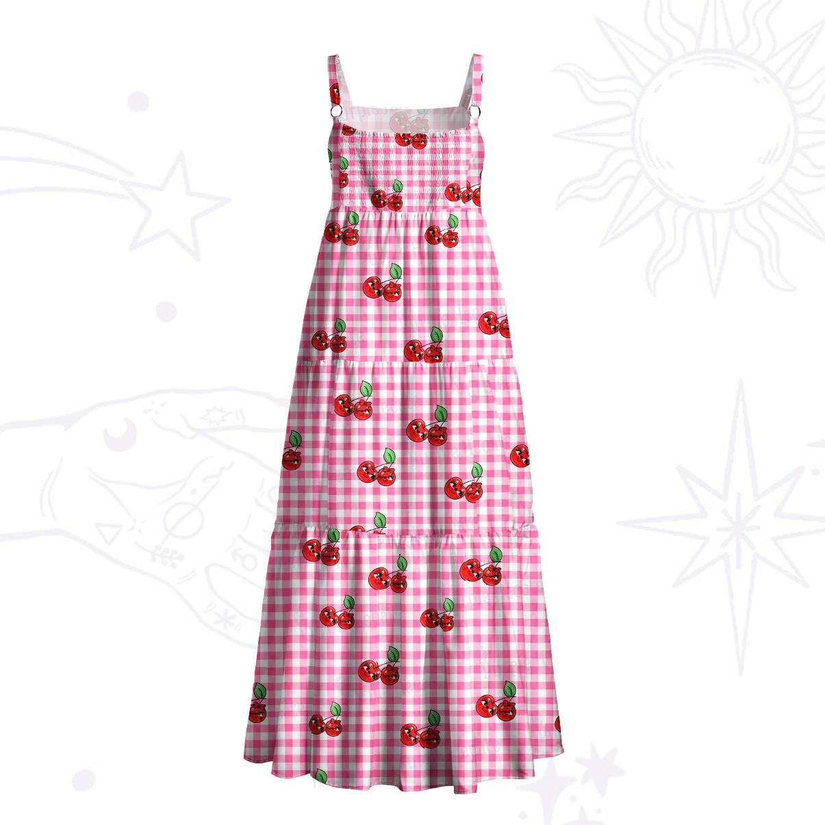 Purplehecate Pink Gingham Cherry Wide Straps Maxi Dress