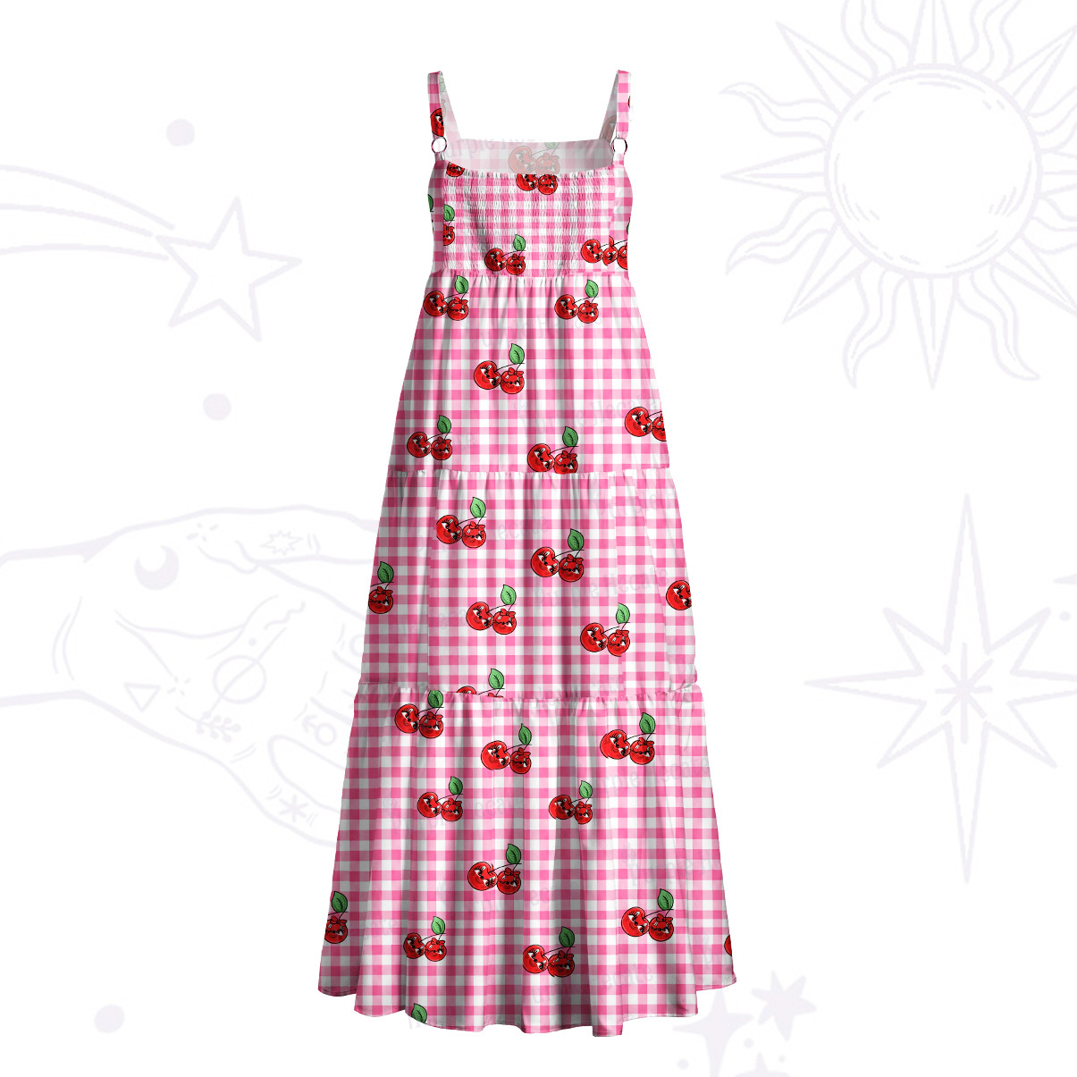 Purplehecate Pink Gingham Cherry Wide Straps Maxi Dress