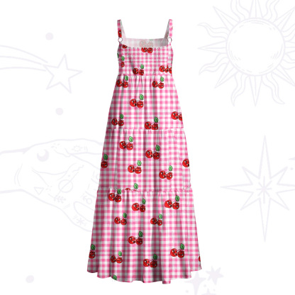 Purplehecate Pink Gingham Cherry Wide Straps Maxi Dress