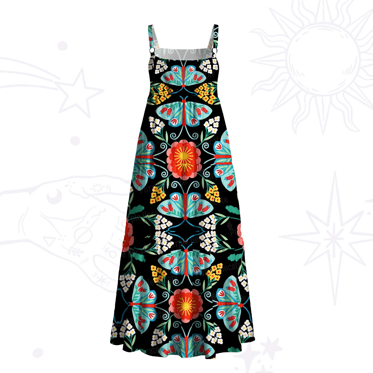 Purplehecate Midnight Butterfly Garden Wide Straps Maxi Dress
