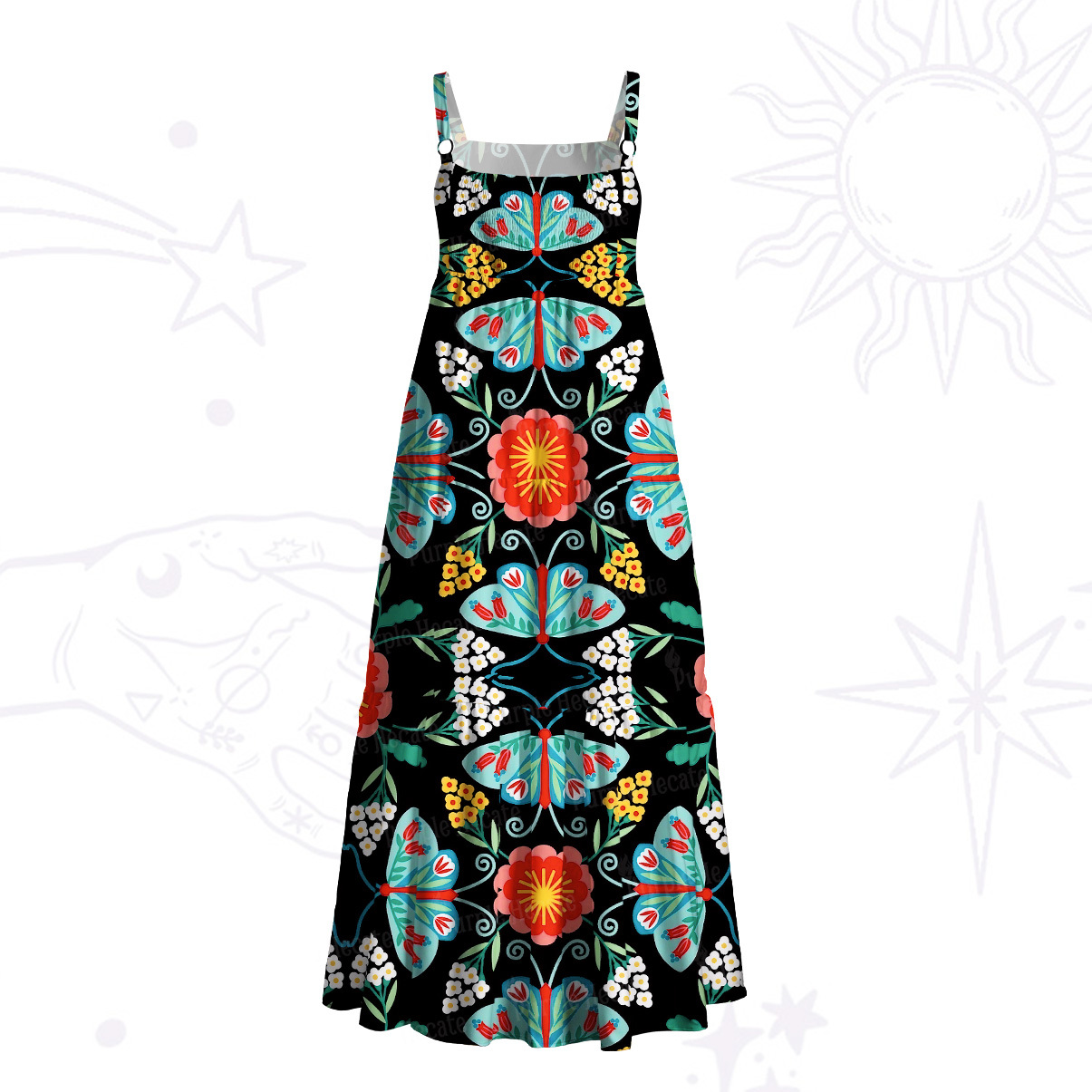 Purplehecate Midnight Butterfly Garden Wide Straps Maxi Dress
