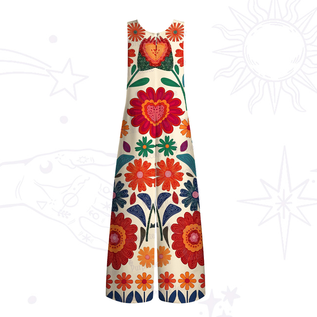 Purplehecate Retro Bloom Folk Floral Wide Leg Jumpsuit