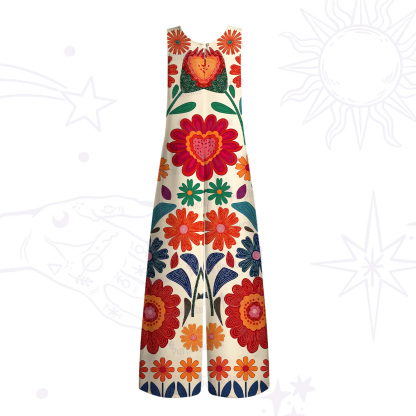 Purplehecate Retro Bloom Folk Floral Wide Leg Jumpsuit