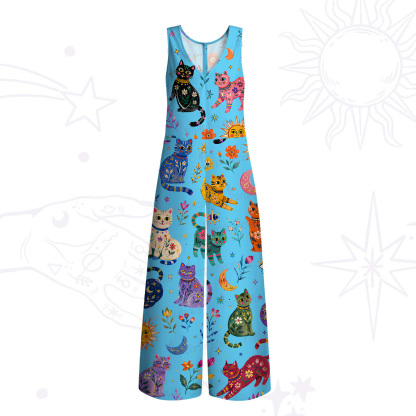 Purplehecate Rainbow Magic Cats Wide Leg Jumpsuit
