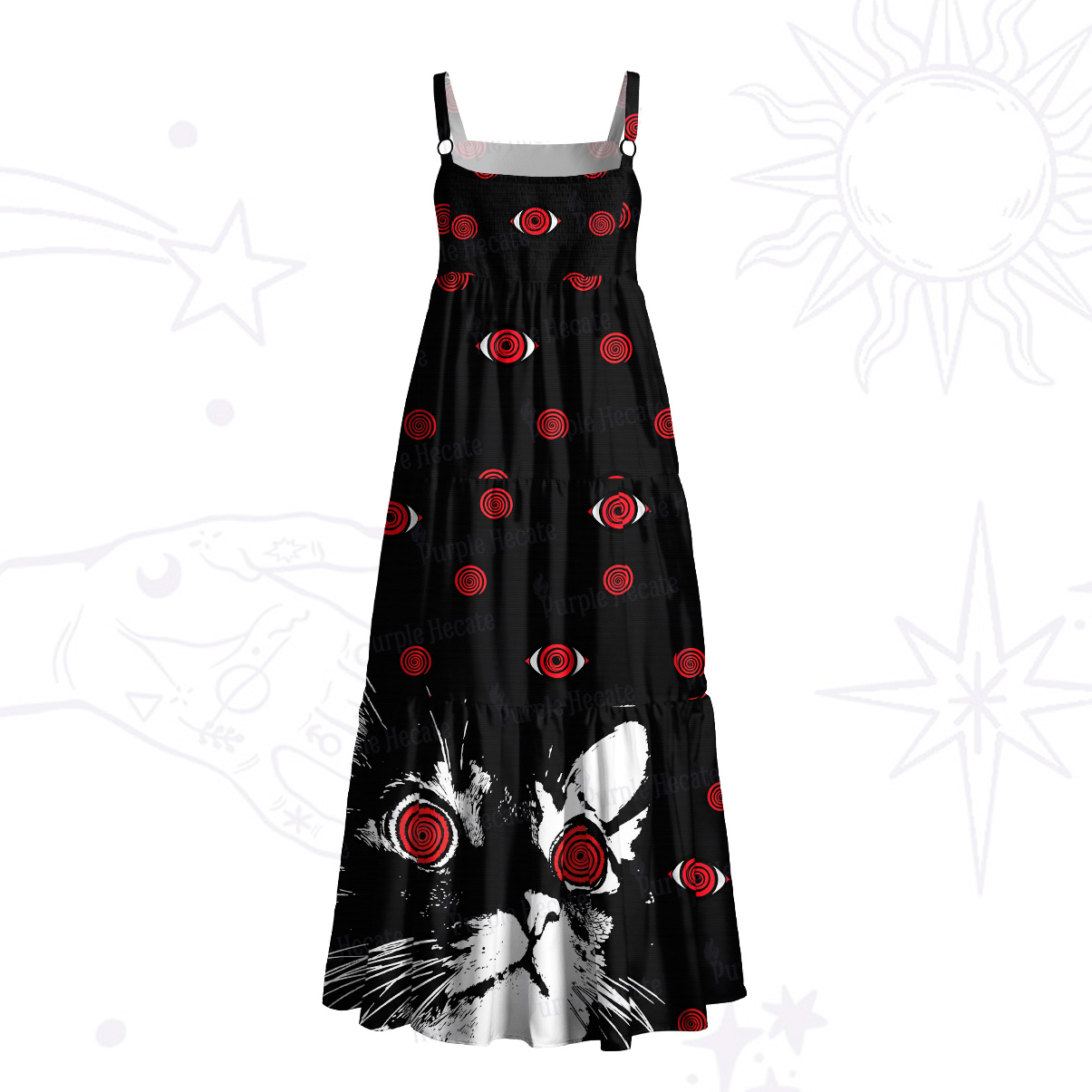 Purplehecate Hypnotic Red Eyes Cat Wide Straps Maxi Dress