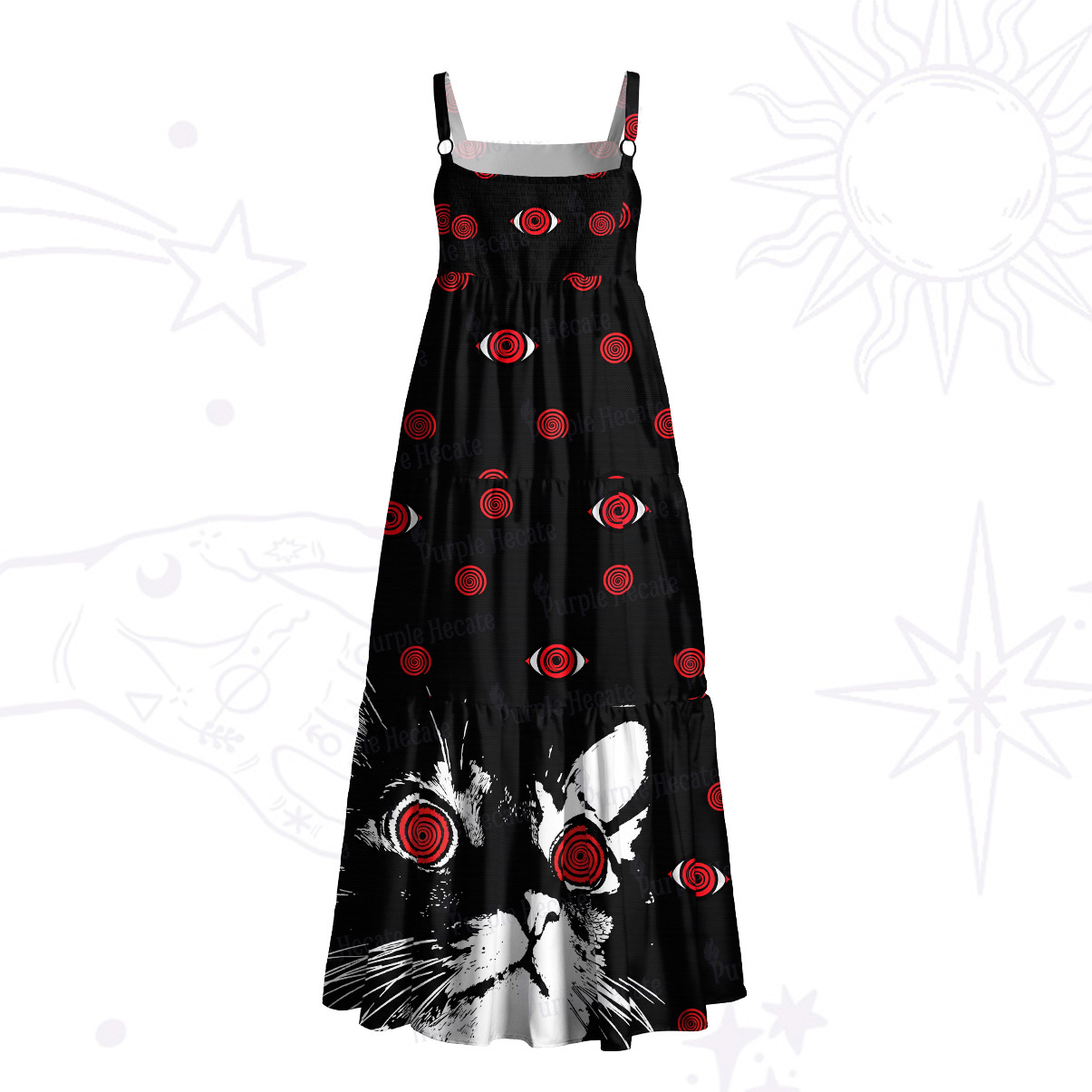 Purplehecate Hypnotic Red Eyes Cat Wide Straps Maxi Dress