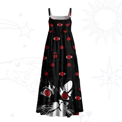 Purplehecate Hypnotic Red Eyes Cat Wide Straps Maxi Dress