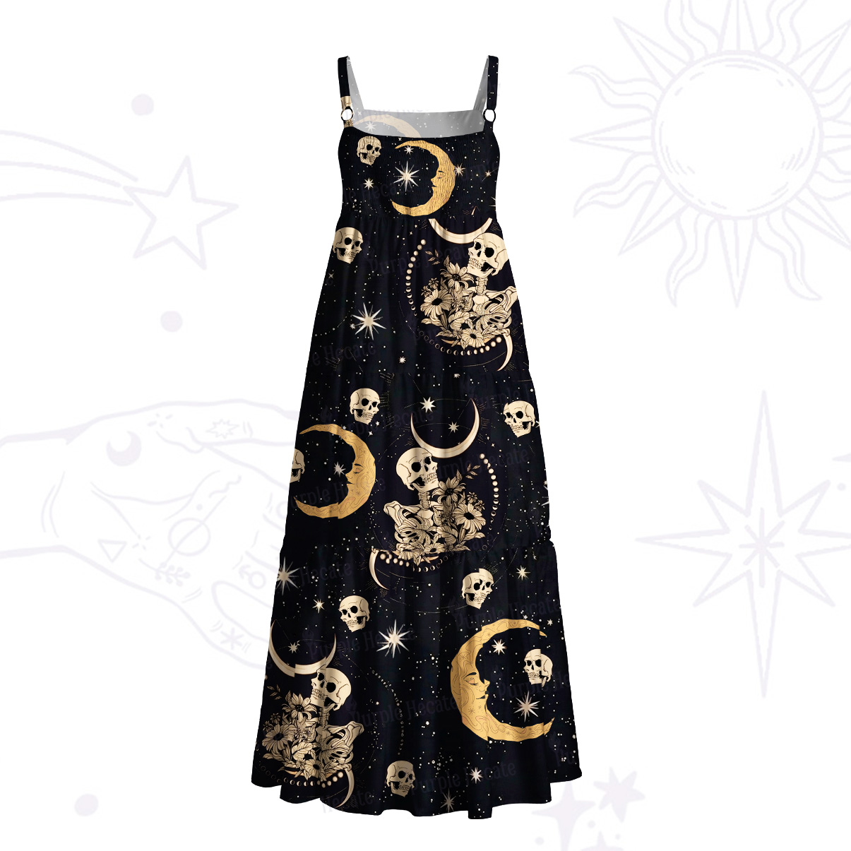 Purplehecate Mystic Skull & Crescent Moon Wide Straps Maxi Dress