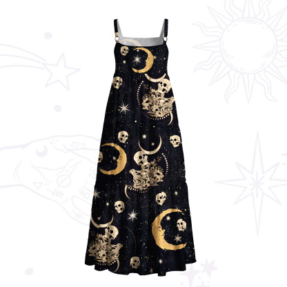 Purplehecate Mystic Skull & Crescent Moon Wide Straps Maxi Dress