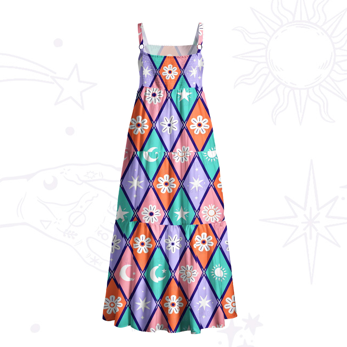 Purplehecate Magic Harlequin Stars & Moon Wide Straps Maxi Dress