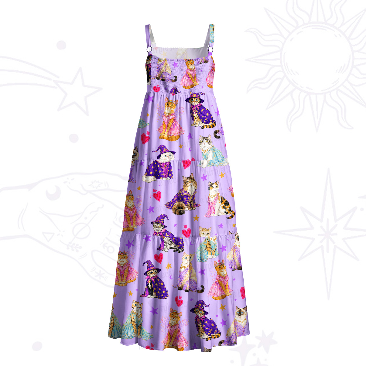 Purplehecate Enchanted Sorcerer Cats Wide Straps Maxi Dress