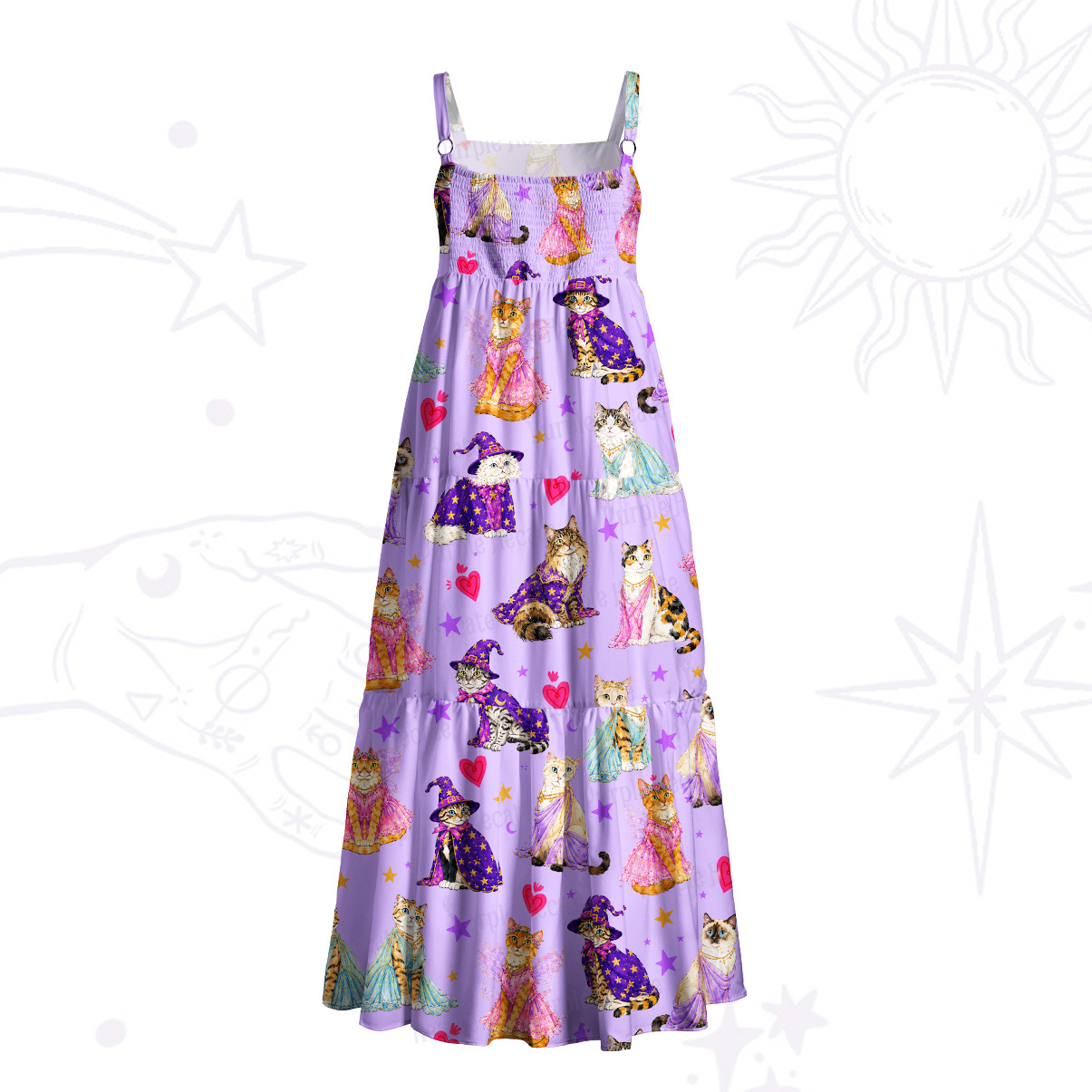 Purplehecate Enchanted Sorcerer Cats Wide Straps Maxi Dress