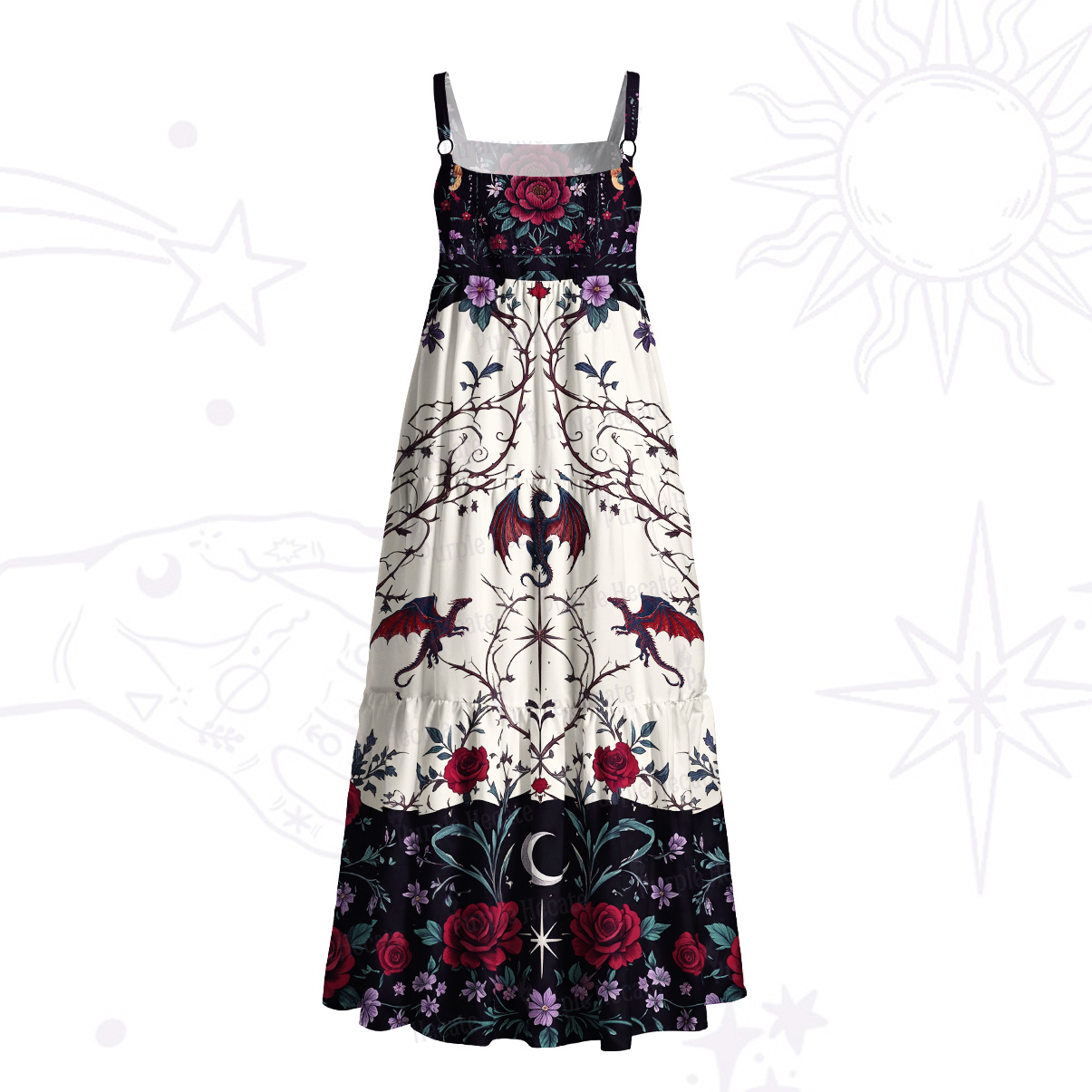 Purplehecate Dark Enchanted Dragon and Rose Floral Wide Straps Maxi Dress