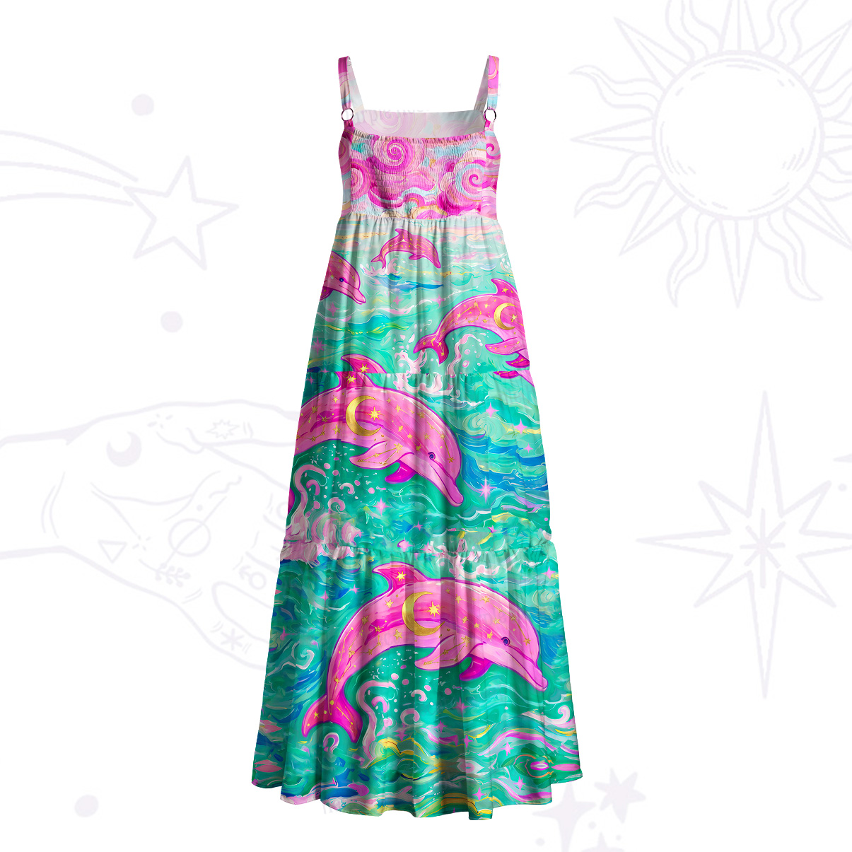 Purplehecate Ocean Kiss Pink Dolphins Wide Straps Maxi Dress