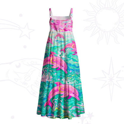 Purplehecate Ocean Kiss Pink Dolphins Wide Straps Maxi Dress