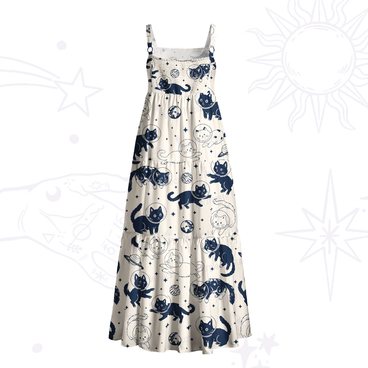 Purplehecate Cats in Space Wide Straps Maxi Dress