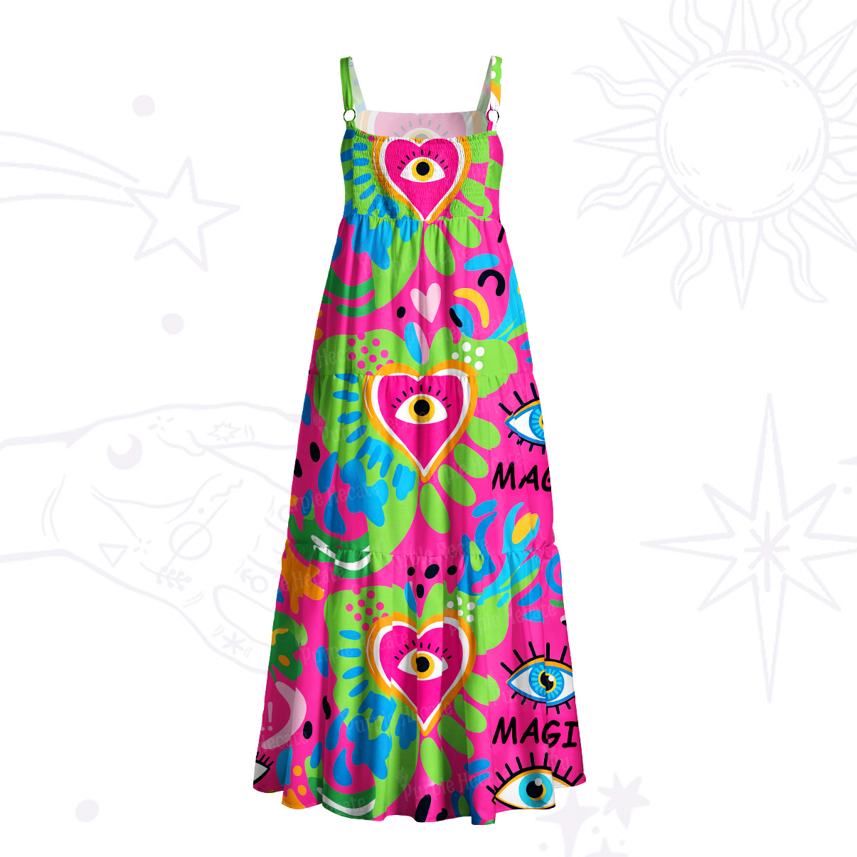 Purplehecate Psychedelic Heart-Eye Rainbow Wide Straps Maxi Dress
