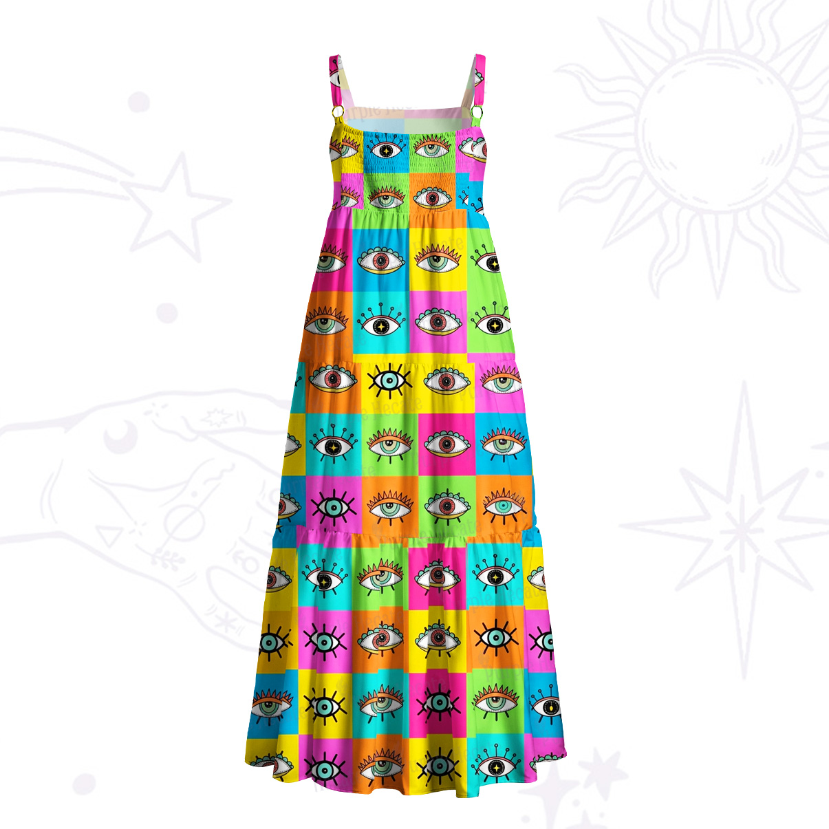 Purplehecate Rainbow Mystic Eyes Patchwork Wide Straps Maxi Dress