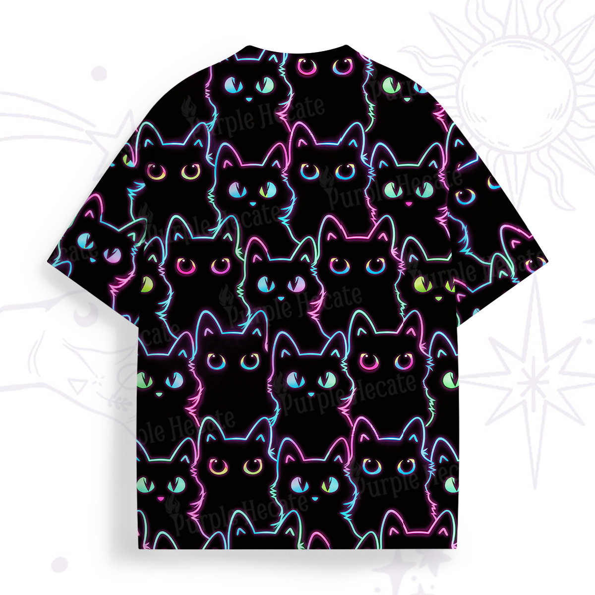 Purplehecate Neon Glow Stacked Cats All Over Print T-Shirt