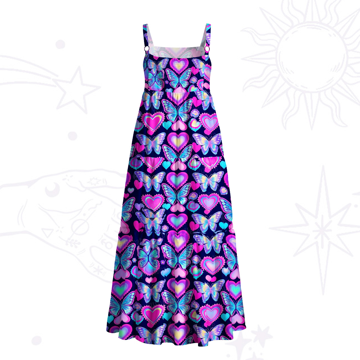 Purplehecate Midnight Neon Heart Butterfly Wide Straps Maxi Dress