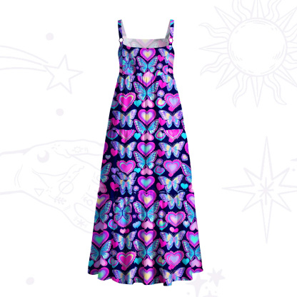 Purplehecate Midnight Neon Heart Butterfly Wide Straps Maxi Dress