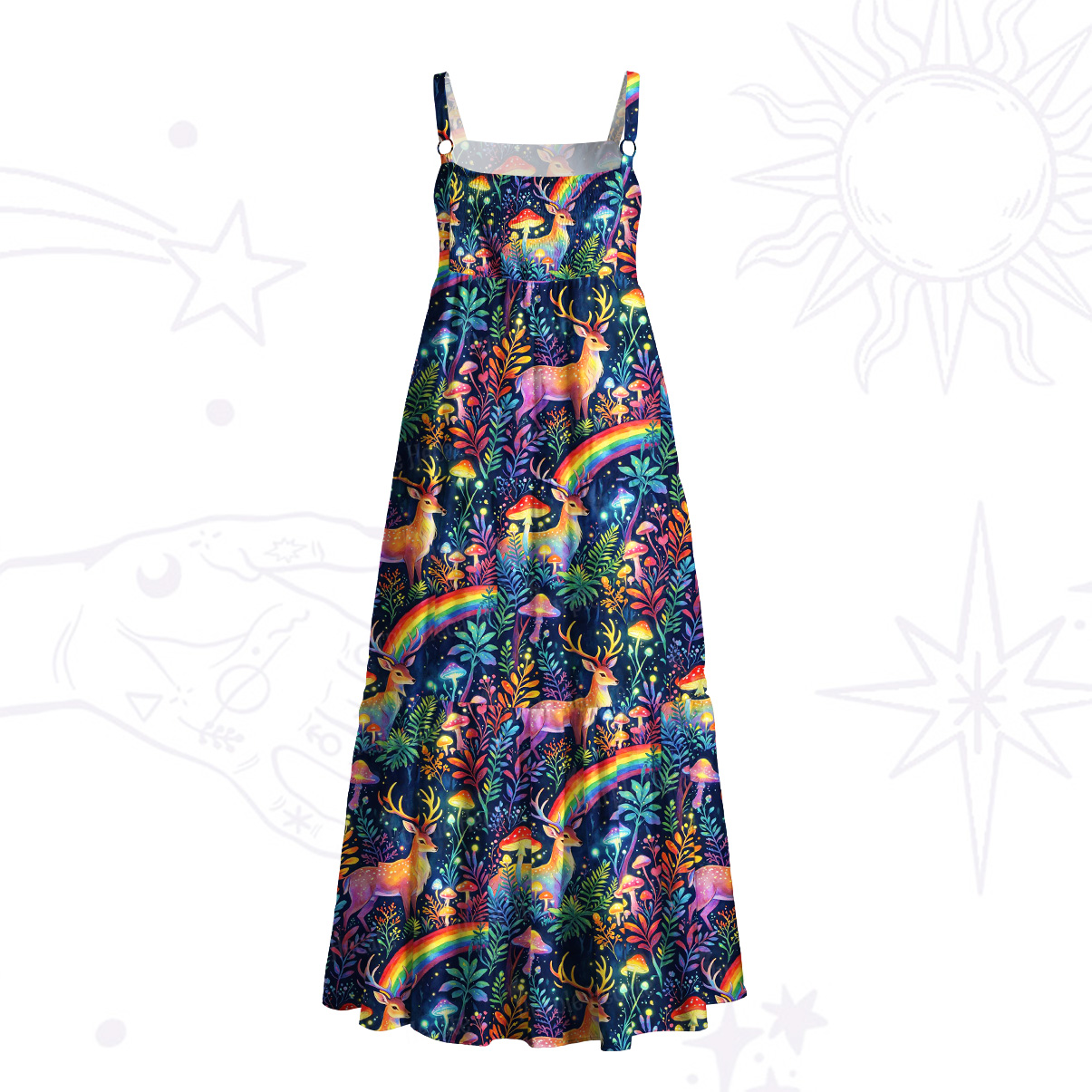Purplehecate Enchanted Rainbow Forest Deer Wide Straps Maxi Dress