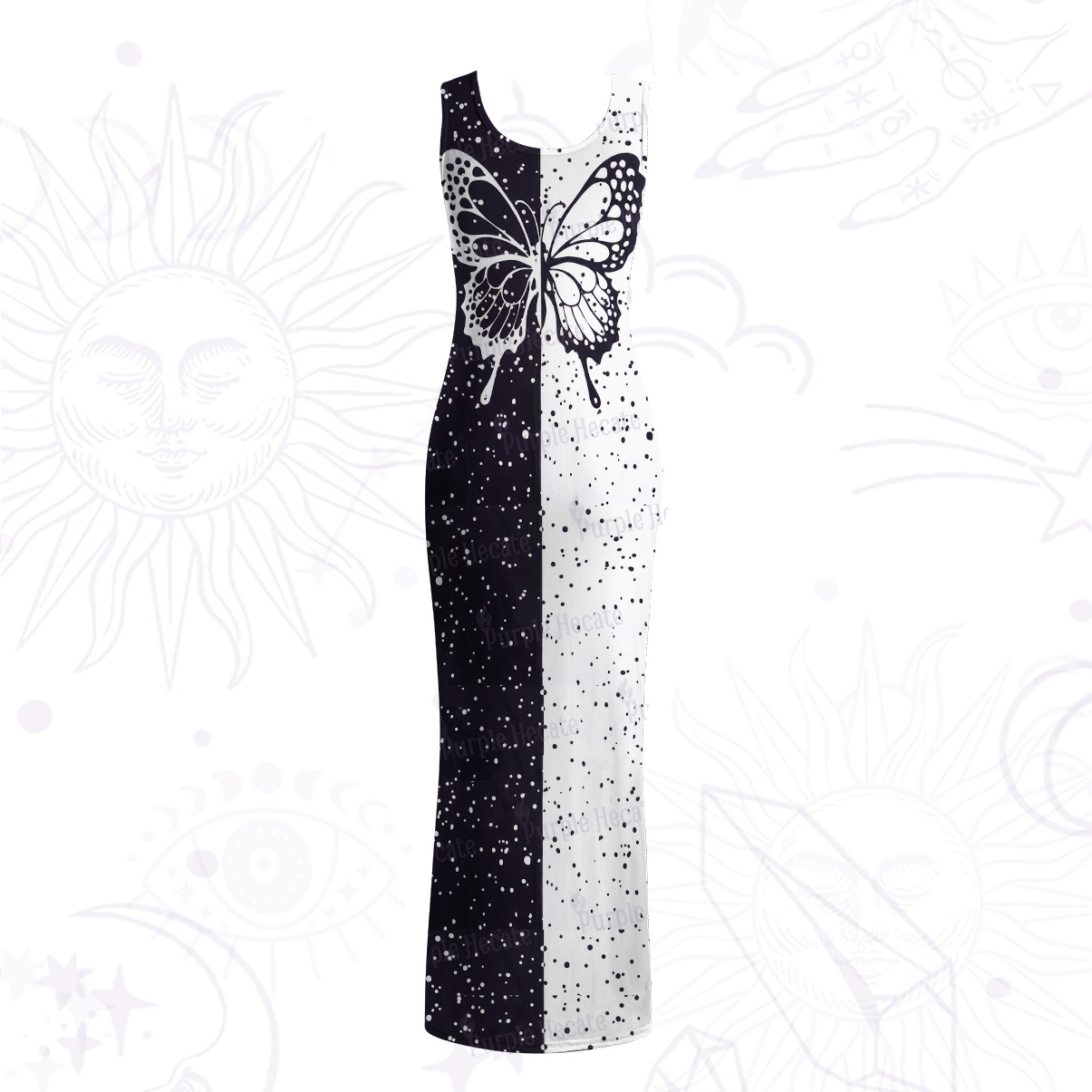 Purplehecate Black & White Eclipse Butterfly Mesh Maxi Tank Beach Dress