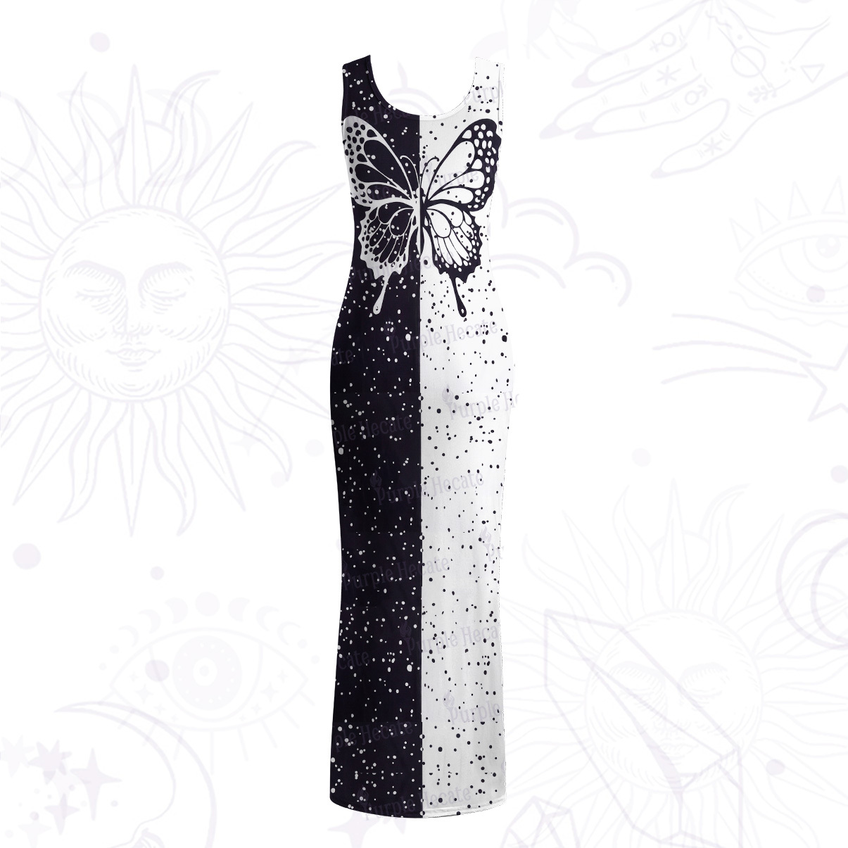Purplehecate Black & White Eclipse Butterfly Mesh Maxi Tank Beach Dress