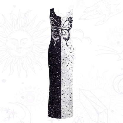 Purplehecate Black & White Eclipse Butterfly Mesh Maxi Tank Beach Dress