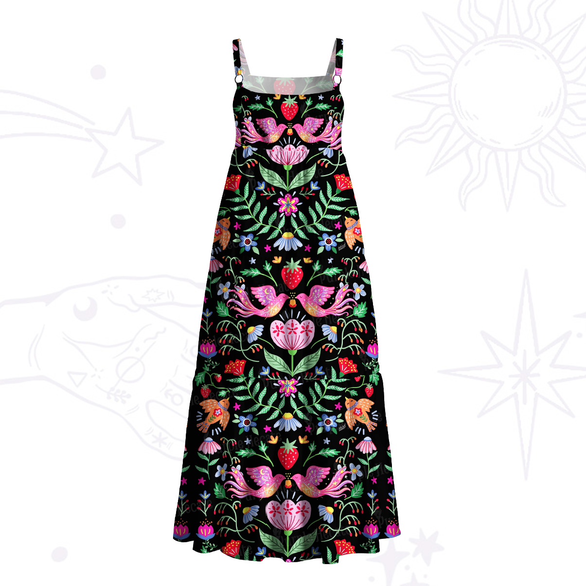 Purplehecate Mystic Forest Birds & Blooms Wide Straps Maxi Dress