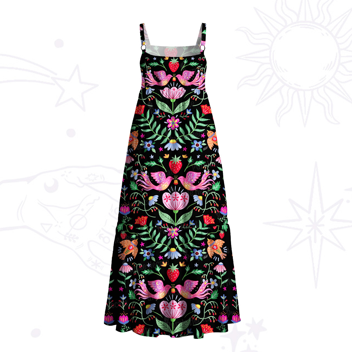 Purplehecate Mystic Forest Birds & Blooms Wide Straps Maxi Dress