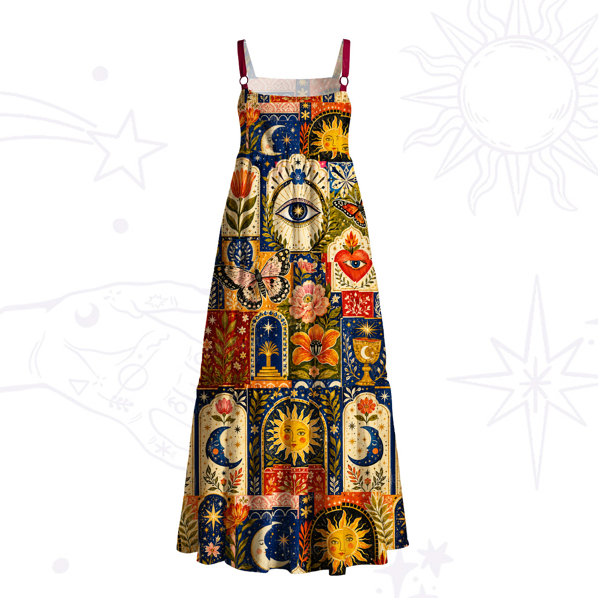Purplehecate Sun Moon Oracle Patchwork Wide Straps Maxi Dress