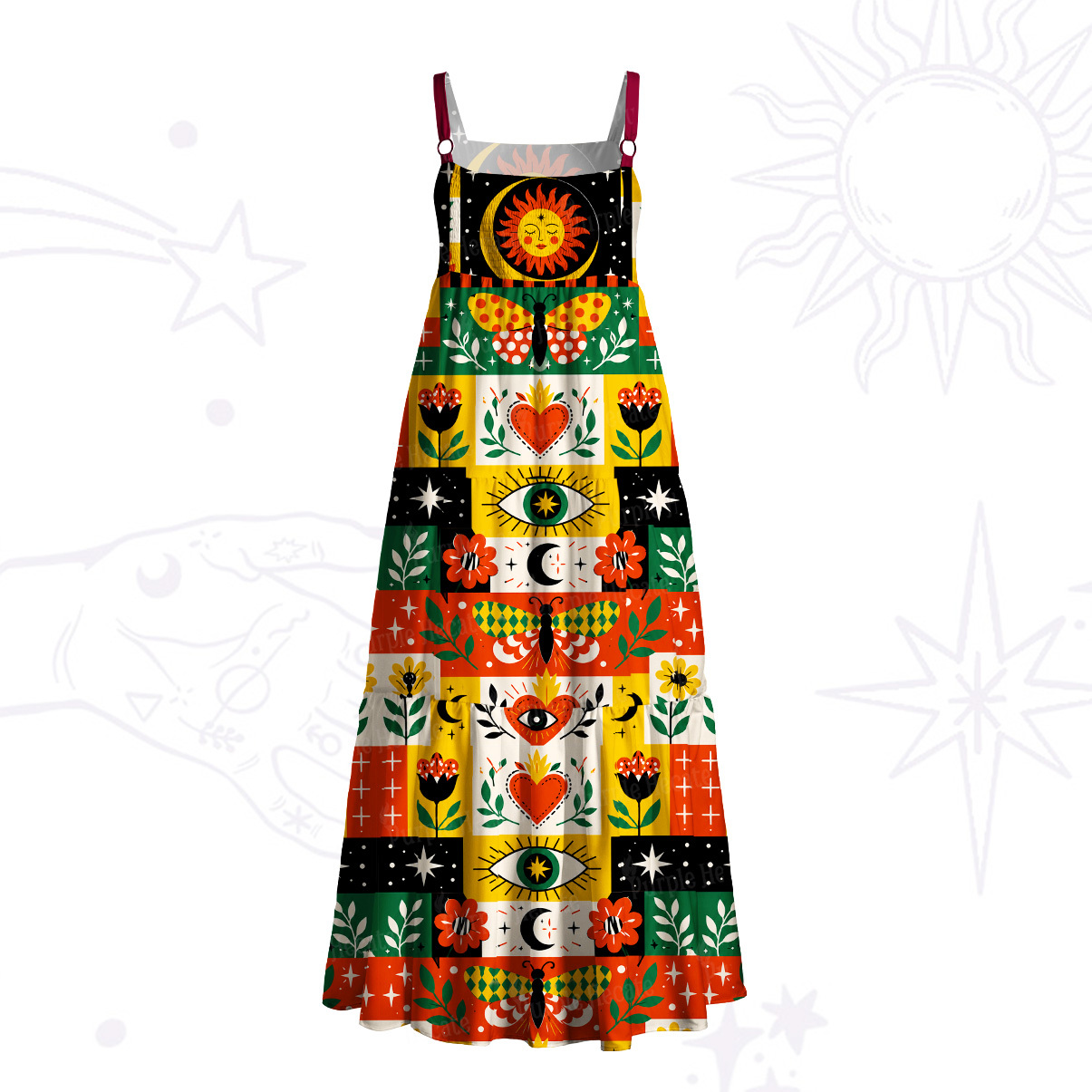 Purplehecate Oracle Eye & Moon Phases Wide Straps Maxi Dress