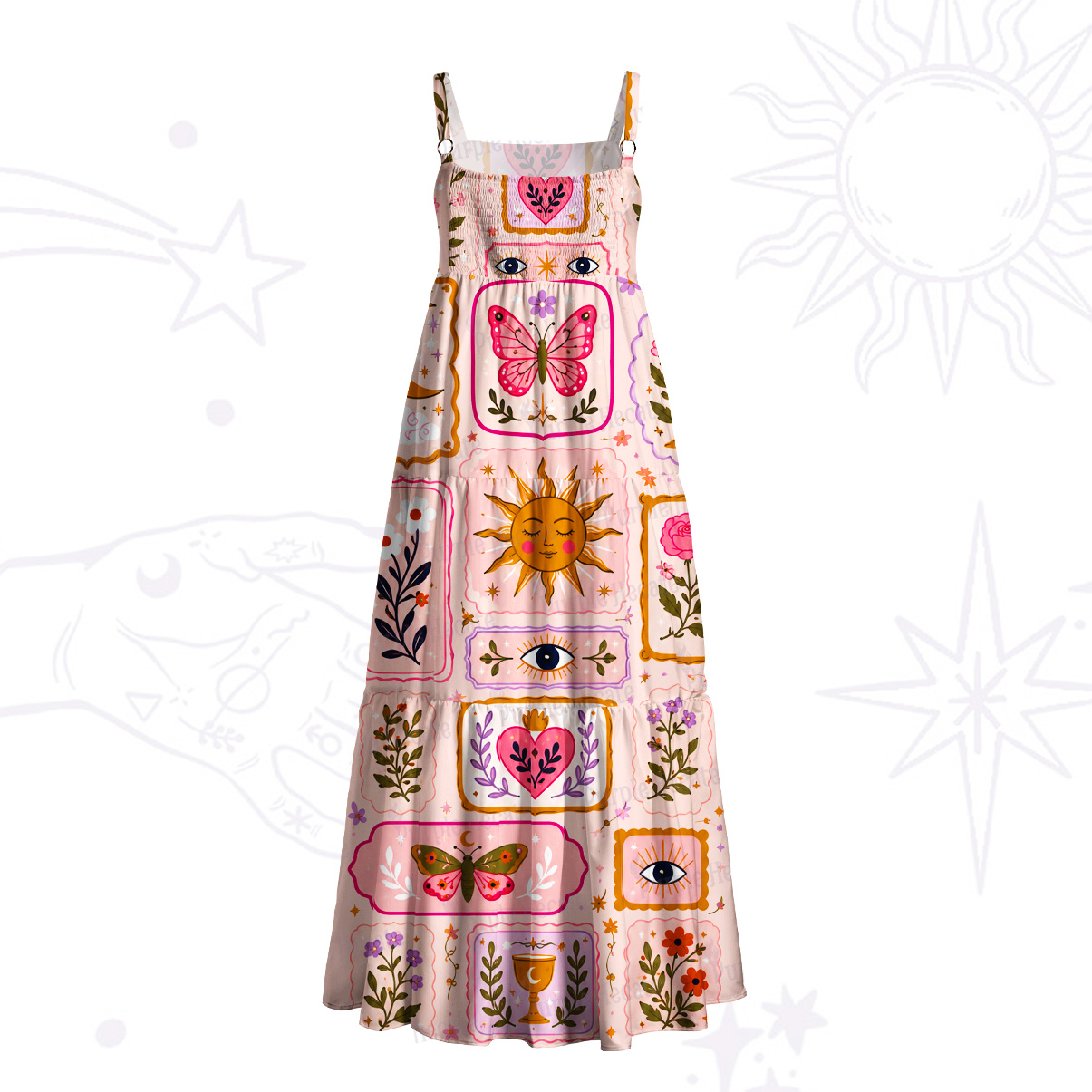 Purplehecate Sun Butterfly Patchwork Wide Straps Maxi Dress