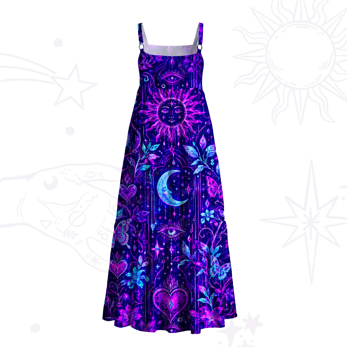 Purplehecate Psychedelic Sun Moon Vision Wide Straps Maxi Dress