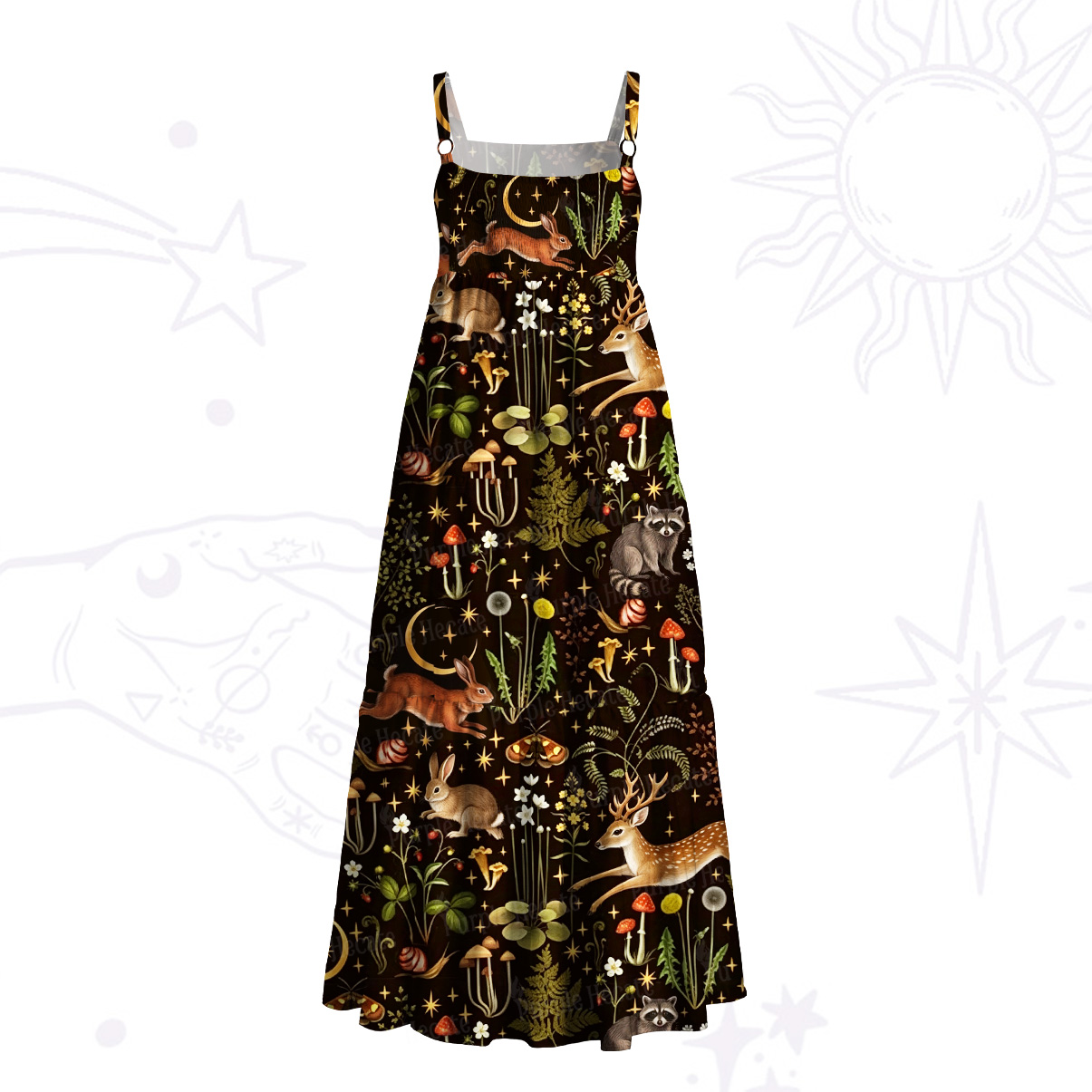 Purplehecate Enchanted Forest Animals Wide Straps Maxi Dress