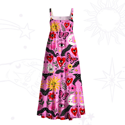 Purplehecate Surreal Eyes and Butterflies Print Wide Straps Maxi Dress