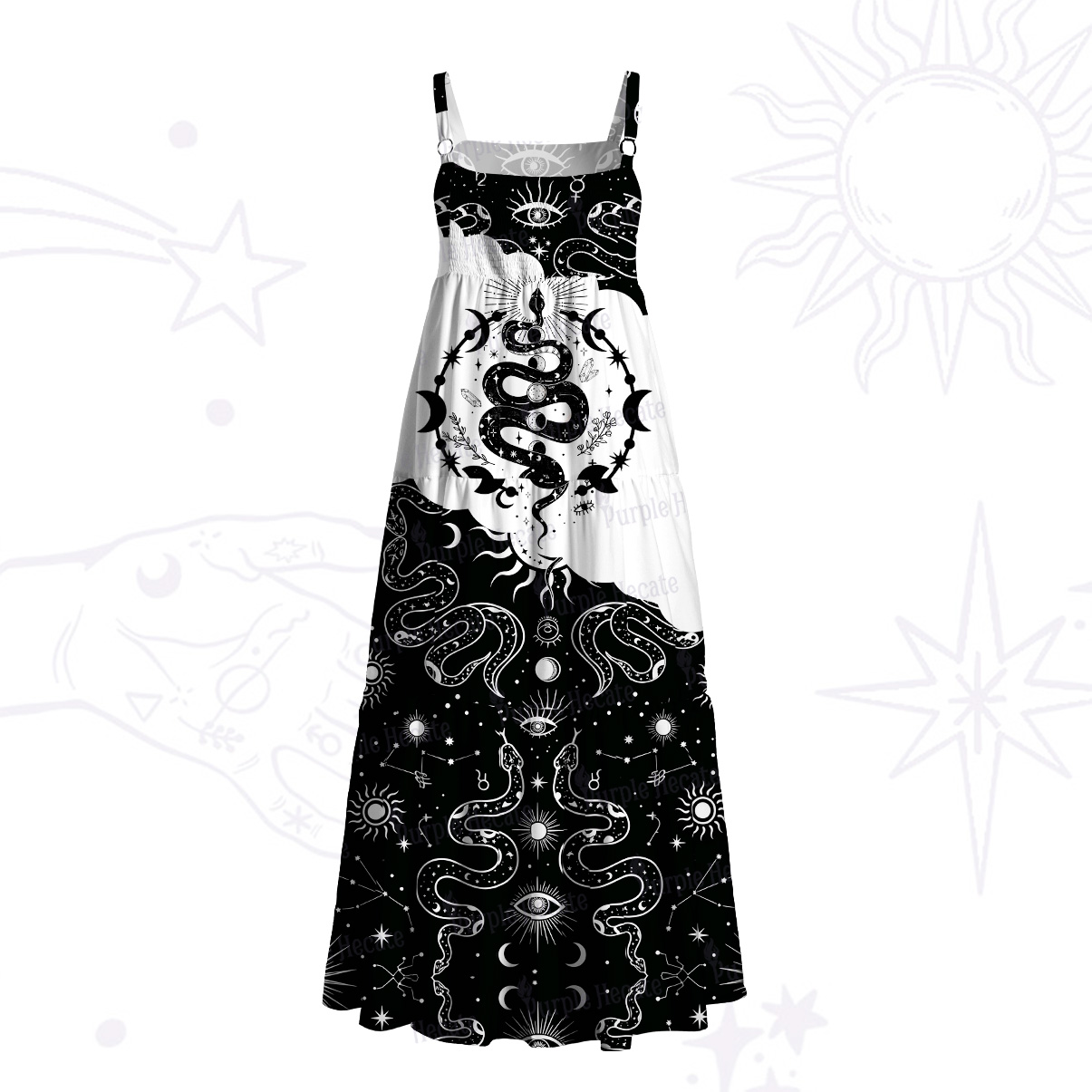 Purplehecate Snake And Moon Phase Comfort Wide Straps Maxi Dress