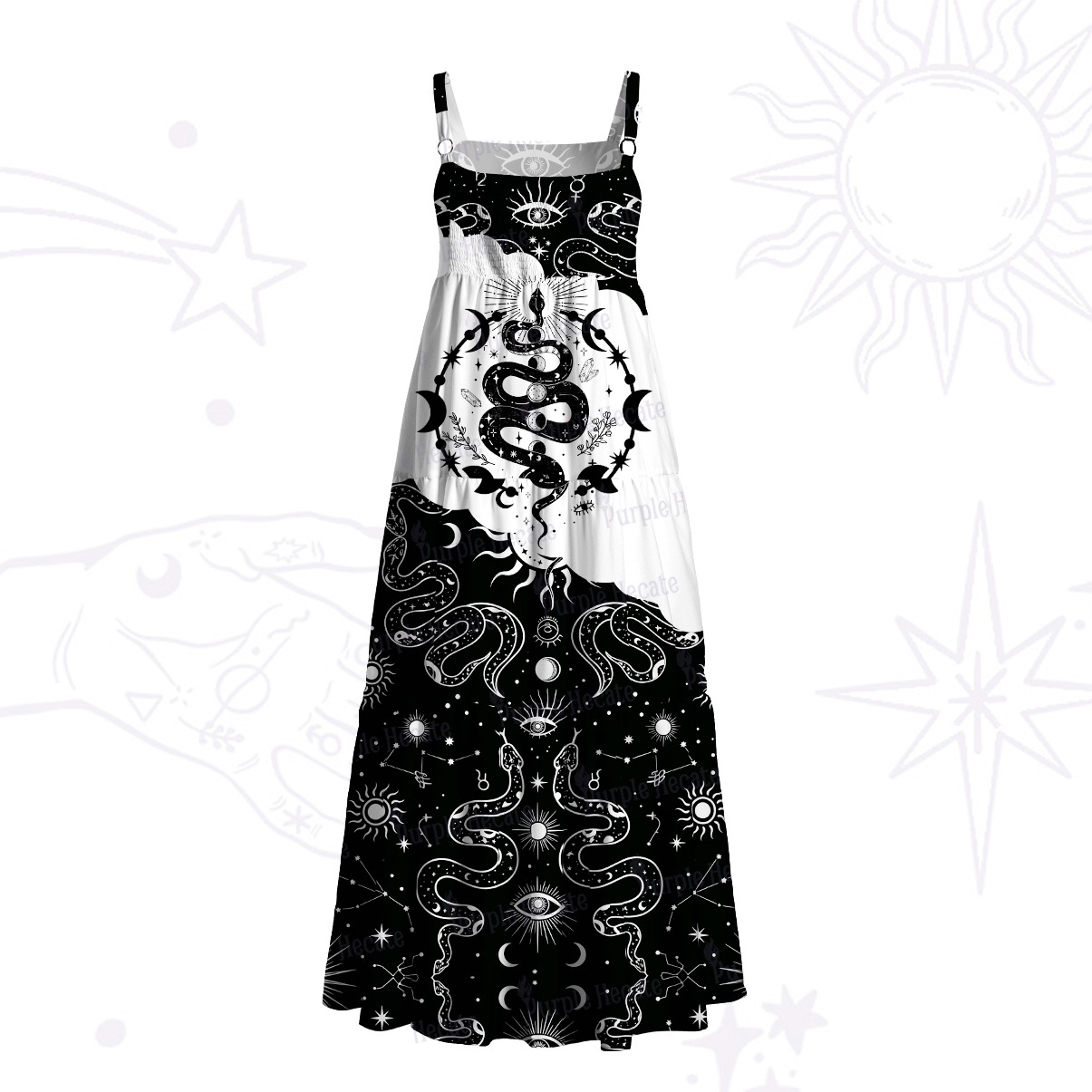 Purplehecate Snake And Moon Phase Comfort Wide Straps Maxi Dress