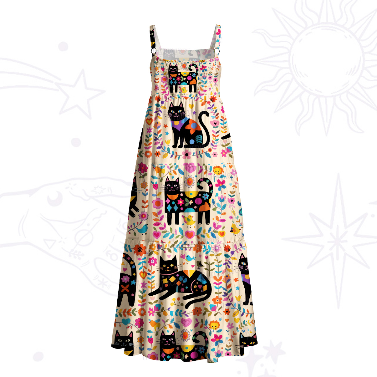 Purplehecate Cute Witchy Black Cat Wide Straps Maxi Dress