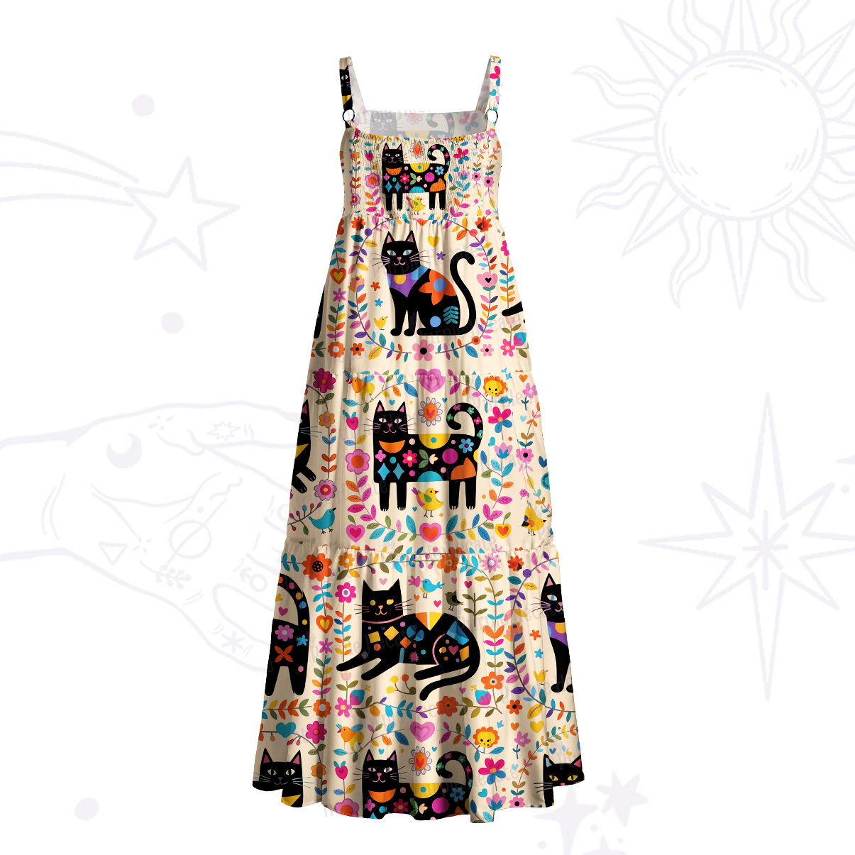 Purplehecate Cute Witchy Black Cat Wide Straps Maxi Dress