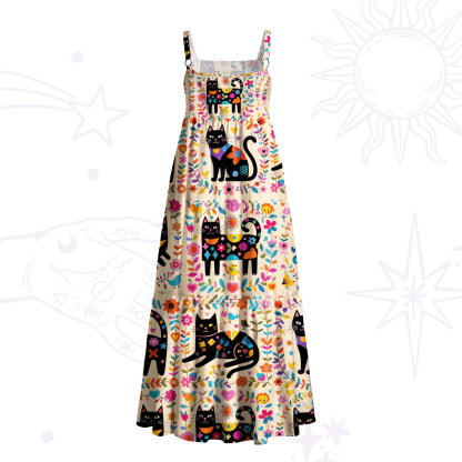 Purplehecate Cute Witchy Black Cat Wide Straps Maxi Dress