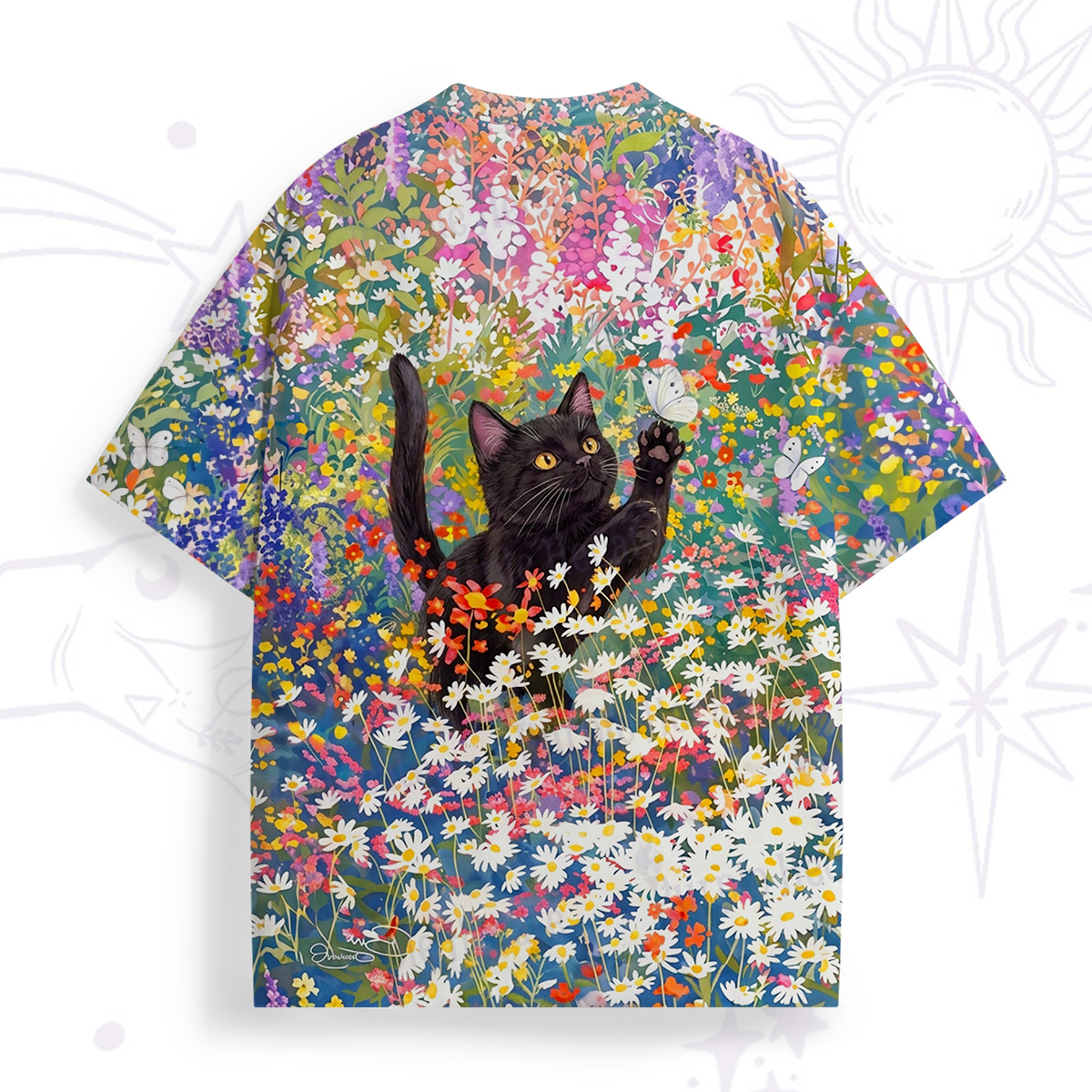 Purplehecate Black Cat in Wildflower Garden All Over Print T-Shirt
