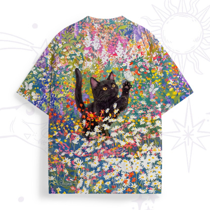 Purplehecate Black Cat in Wildflower Garden All Over Print T-Shirt