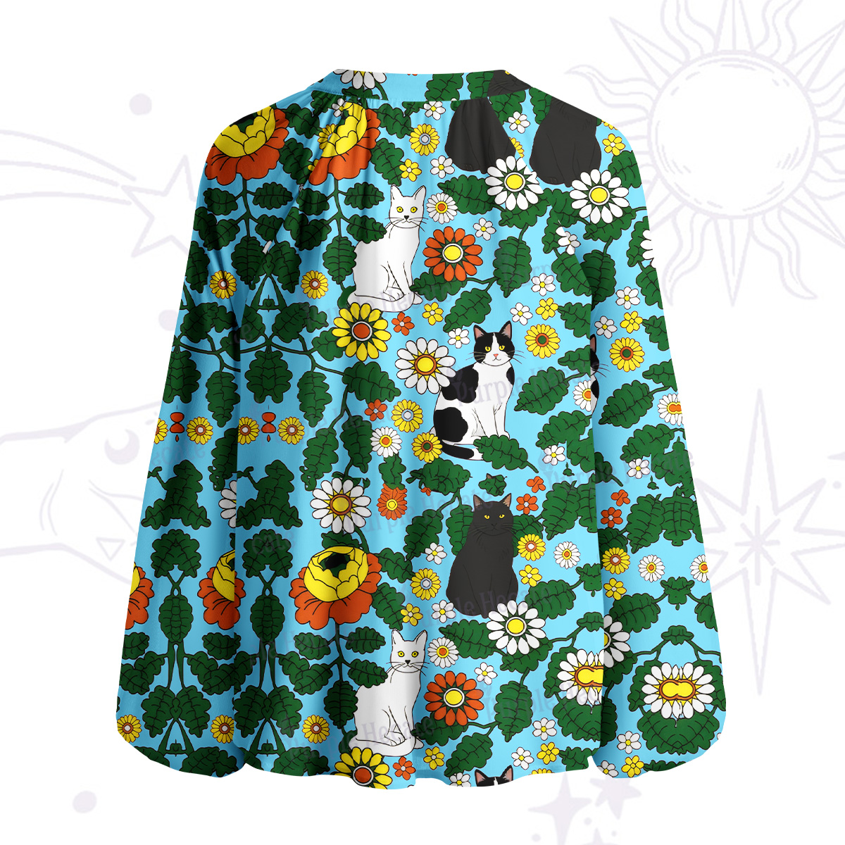 Purplehecate Daisy Cat  Garden Split Neck Tie Blouse