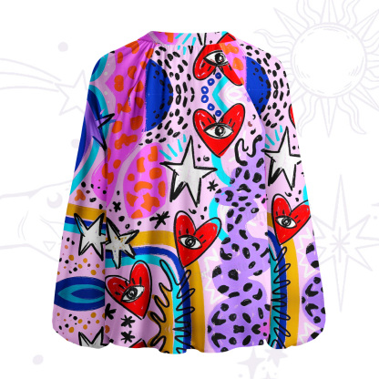 Purplehecate Cosmic Love Eyes Graffiti Split Neck Tie Blouse