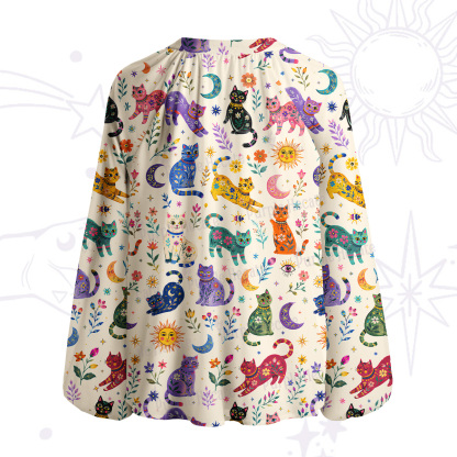 Purplehecate Rainbow Magic Cats Split Neck Tie Blouse
