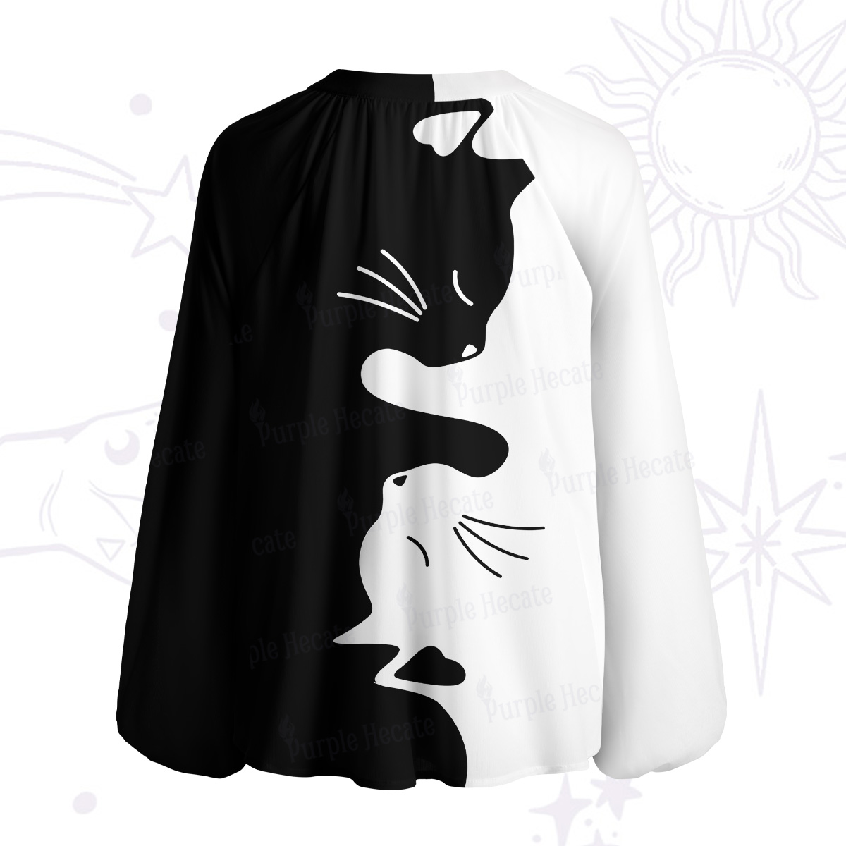 Purplehecate Yin Yang Cat Lover Split Neck Tie Blouse